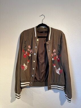 Embroidered Army Green Velvet Bomber Jacket - Women's
